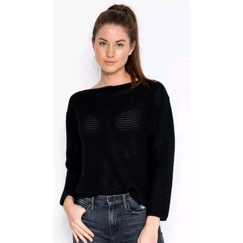 One Grey Day Kaia Women Black Boat Neck 100% Cotton Relaxed Knit Sweater Sz S